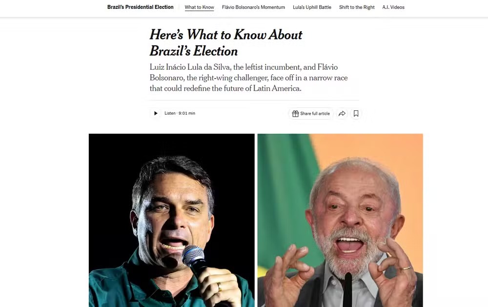 Imprensa internacional destaca disputa entre Lula e Flávio Bolsonaro